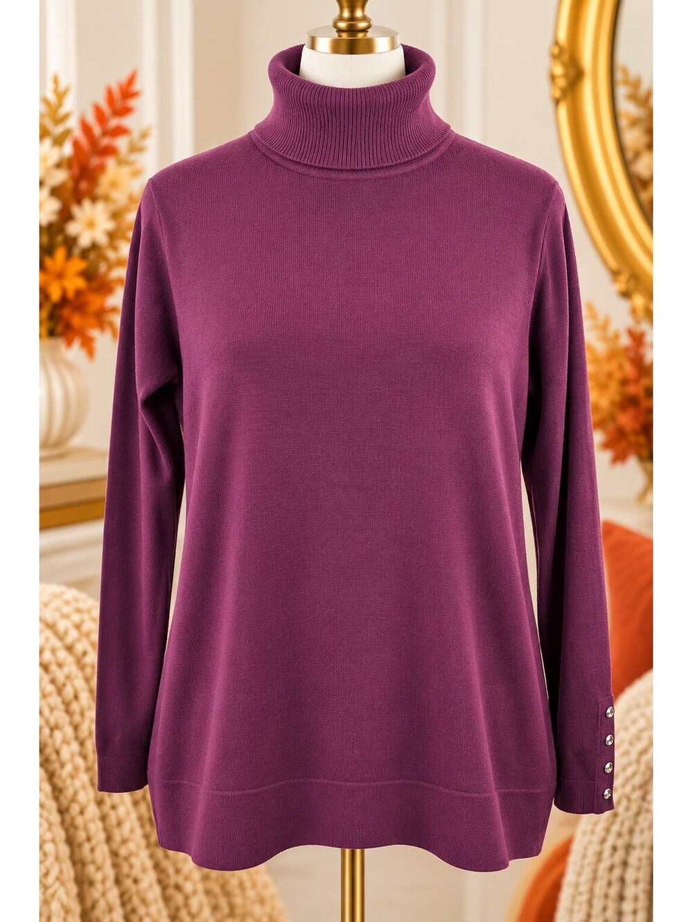 Calvin Klein Women’s 1X Purple Plum Turtleneck Sweater Faux Button Cuffs